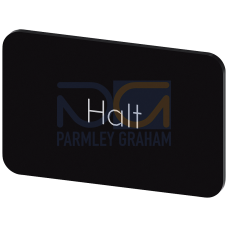Labeling plate for snapping on or gluing on label holder, Label size 17.5 x 27 mm, black label, white font, with inscription: Stop