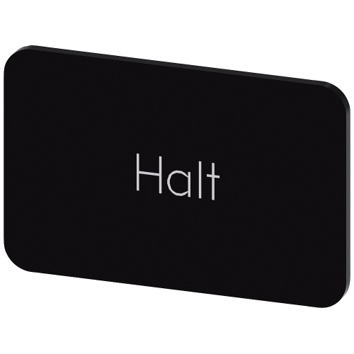 Labeling plate for snapping on or gluing on label holder, Label size 17.5 x 27 mm, black label, white font, with inscription: Stop