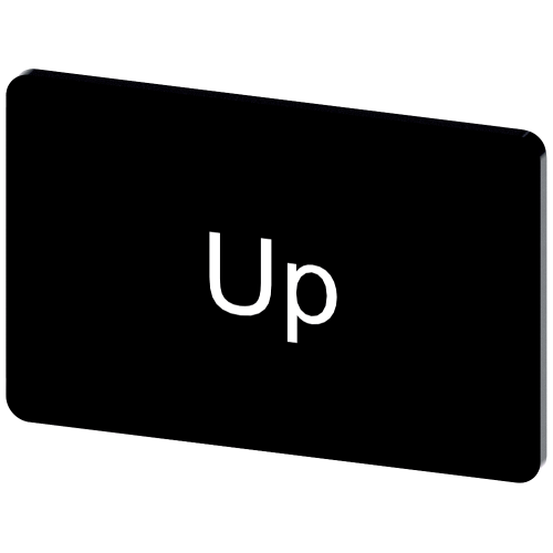Labeling plate for snapping on or gluing on label holder, Label size 17.5 x 27 mm, black label, white font, with inscription: Up