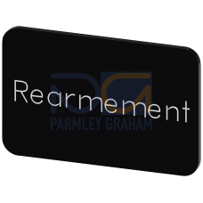 Labeling plate for snapping on or gluing on label holder, Label size 17.5 x 27 mm, black label, white font, with inscription: Rearmement