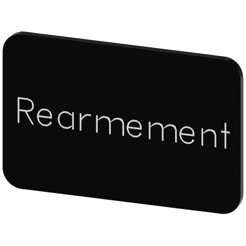 Labeling plate for snapping on or gluing on label holder, Label size 17.5 x 27 mm, black label, white font, with inscription: Rearmement
