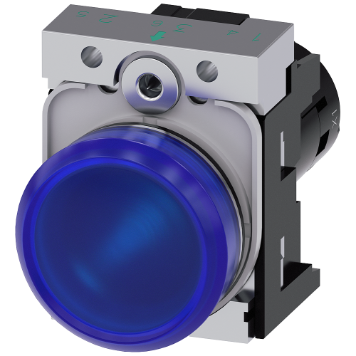 Indicator lights, compact, 22 mm, round, metal, blue, lens, smooth, with holder, Operating voltage 110 V AC, screw terminal