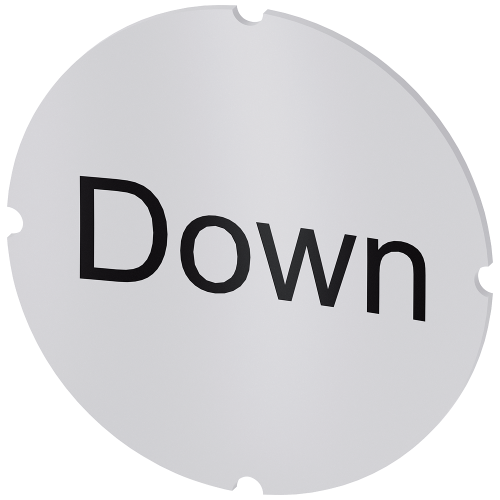 Inscription plate for illuminated pushbutton, round, milky with black font, with inscription: Down