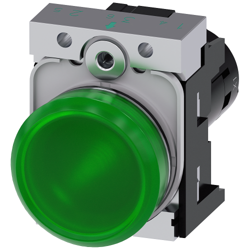 Indicator lights, compact, 22 mm, round, metal, green, lens, smooth, with holder, Operating voltage 110 V AC, screw terminal