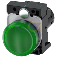 Indicator lights, compact, 22 mm, round, plastic, green, lens, smooth, with holder, Operating voltage 230 V AC, screw terminal, with laser labeling...