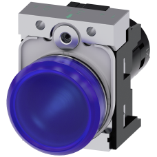 Indicator lights, compact, 22 mm, round, metal, blue, lens, smooth, with holder, Operating voltage 2