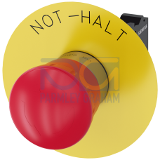EMERGENCY STOP mushroom pushbutton, 22 mm, round, metal, shiny, red, 40 mm, positive latching, acc. to EN ISO 13850, rotate-to-unlatch, with yellow backing plate, inscription: EMERGENCY STOP, with hol