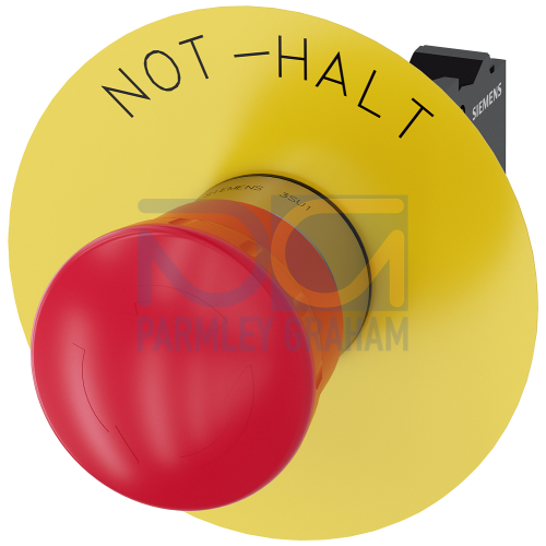 EMERGENCY STOP mushroom pushbutton, 22 mm, round, metal, shiny, red, 40 mm, positive latching, acc. to EN ISO 13850, rotate-to-unlatch, with yellow backing plate, inscription: EMERGENCY STOP, with hol