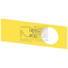 Labeling plate for EMERGENCY STOP mushroom pushbutton in the enclosure, yellow, with inscription: NOT-AUS, self-adhesive