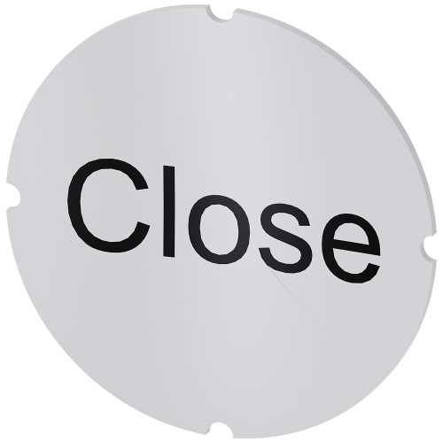 Inscription plate for illuminated pushbutton, round, milky with black font, with inscription: Close