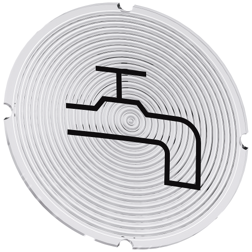 Inscription plate for illuminated pushbutton, round, milky with black font, with graphic symbol: water tap
