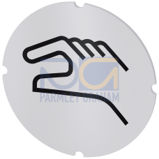 Inscription plate for illuminated pushbutton, round, milky with black font, with graphic symbol: manual operation