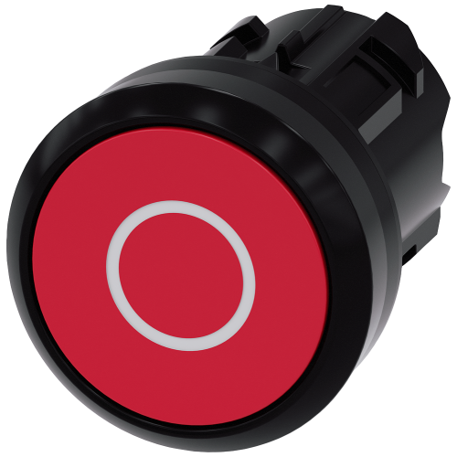 Pushbutton, 22 mm, round, plastic, red, inscription: O, pushbutton, flat, momentary contact type