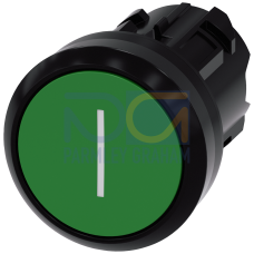 Pushbutton, 22 mm, round, plastic, green, inscription: I, pushbutton, flat, momentary contact type