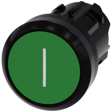 Pushbutton, 22 mm, round, plastic, green, inscription: I, pushbutton, flat, momentary contact type
