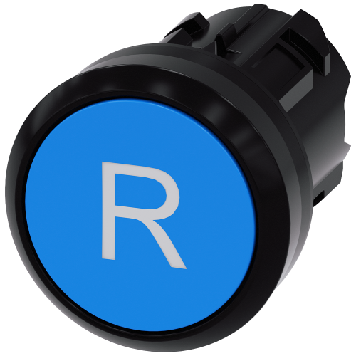 Pushbutton, 22 mm, round, plastic, blue, inscription: R, pushbutton, flat, momentary contact type
