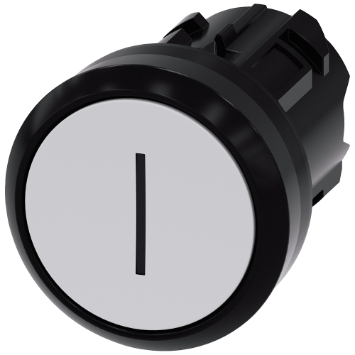 Pushbutton, 22 mm, round, plastic, white, inscription: I, pushbutton, flat, momentary contact type