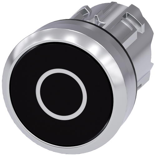 Pushbutton, 22 mm, round, metal, shiny, black, inscription: O, pushbutton, flat momentary contact ty