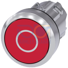 Pushbutton, 22 mm, round, metal, shiny, red, inscription: O, pushbutton, flat momentary contact type