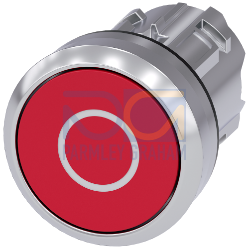 Pushbutton, 22 mm, round, metal, shiny, red, inscription: O, pushbutton, flat momentary contact type