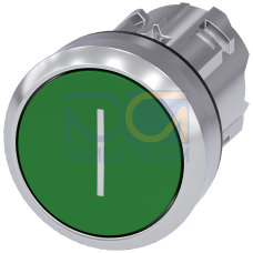 Pushbutton, 22 mm, round, metal, shiny, green, inscription: I, pushbutton, flat momentary contact ty