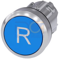 Pushbutton, 22 mm, round, metal, shiny, blue, inscription: R, pushbutton, flat momentary contact typ