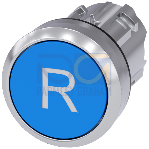 Pushbutton, 22 mm, round, metal, shiny, blue, inscription: R, pushbutton, flat momentary contact typ