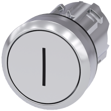 Pushbutton, 22 mm, round, metal, shiny, white, inscription: I, pushbutton, flat momentary contact ty