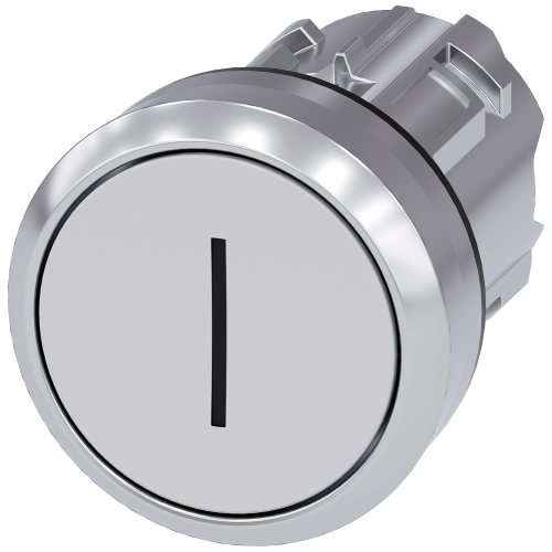 Pushbutton, 22 mm, round, metal, shiny, white, inscription: I, pushbutton, flat momentary contact ty