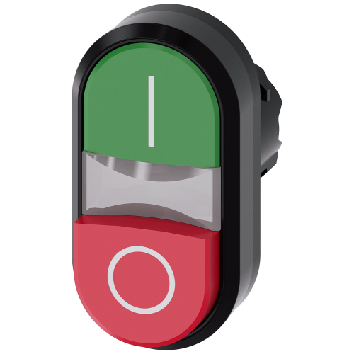 Twin pushbutton, 22 mm, round, plastic, green: I, red: O, pushbuttons, flat and raised