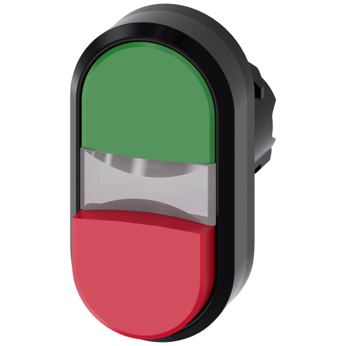 Illuminated twin pushbutton, 22 mm, round, plastic, green, red, pushbuttons, flat and raised