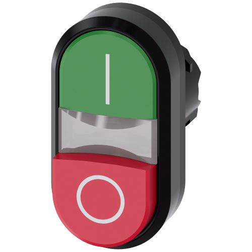 Illuminated twin pushbutton, 22 mm, round, plastic, green: I, red: O, pushbuttons, flat and raised