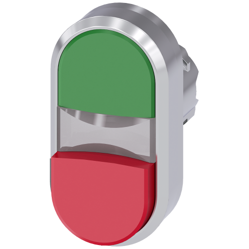 Twin pushbutton, 22 mm, round, metal, shiny, green, red, pushbuttons, flat and raised, with laser labeling, lower case
