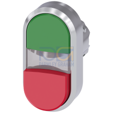Illuminated twin pushbutton, 22 mm, round, metal, shiny, green, red, pushbuttons, flat and raised, with laser labeling, lower case