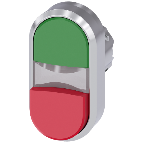 Illuminated twin pushbutton, 22 mm, round, metal, shiny, green, red, pushbuttons, flat and raised, with laser labeling, lower case