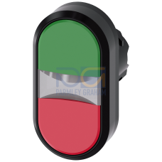 Twin pushbutton, 22 mm, round, plastic, green, red, pushbuttons, flat, with laser labeling, upper case and lower case, always upper case at the beg...