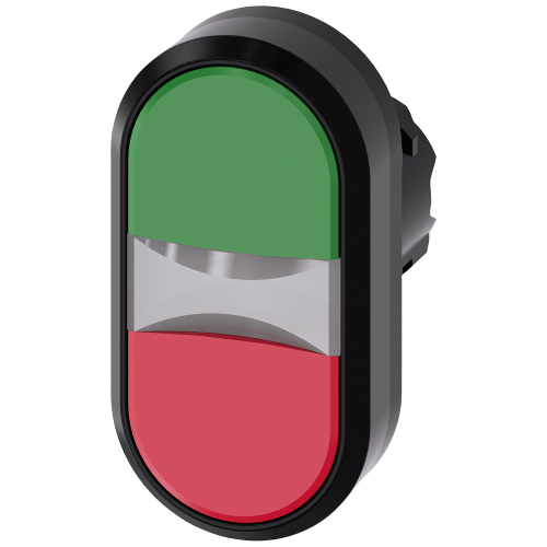 Twin pushbutton, 22 mm, round, plastic, green, red, pushbuttons, flat, with laser labeling, upper case and lower case, always upper case at the beg...