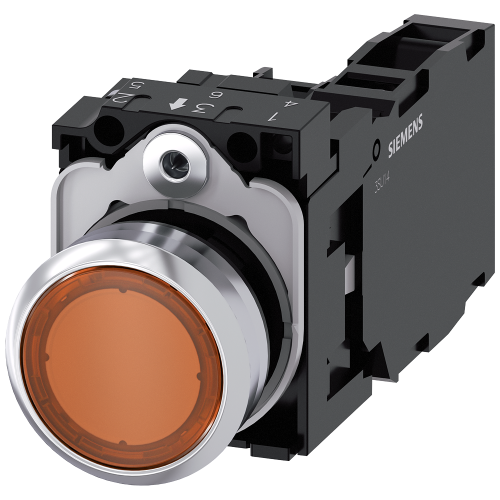 Illuminated pushbutton, 22 mm, round, metal, shiny, amber, pushbutton, flat, momentary contact type, with holder, 1 NO+1 NC, LED module with integr...