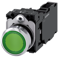 Illuminated pushbutton, 22 mm, round, metal, shiny, green, pushbutton, flat, momentary contact type,