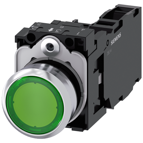 Illuminated pushbutton, 22 mm, round, metal, shiny, green, pushbutton, flat, momentary contact type,