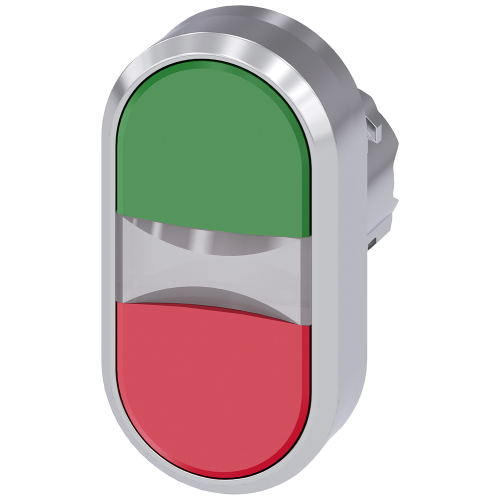 Illuminated twin pushbutton, 22 mm, round, metal, shiny, green, red, pushbuttons, flat, with laser labeling, lower case