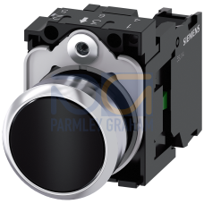 Pushbutton, 22 mm, round, metal, shiny, black, pushbutton, flat, momentary contact type, with holder, 1 NO, screw terminal, with laser labeling, up...