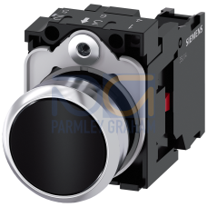 Pushbutton, 22 mm, round, metal, shiny, black, pushbutton, flat, momentary contact type, with holder, 1 NC, screw terminal, with laser labeling, up...