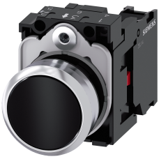 Pushbutton, 22 mm, round, metal, shiny, black, pushbutton, flat, momentary contact type, with holder