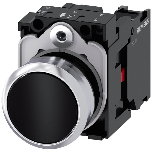 Pushbutton, 22 mm, round, metal, shiny, black, pushbutton, flat, momentary contact type, with holder, 1 NC, screw terminal, with laser labeling, up...