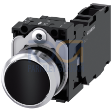 Pushbutton, 22 mm, round, metal, shiny, black, pushbutton, flat, momentary contact type, with holder