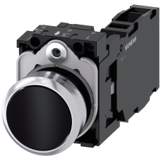 Pushbutton, 22 mm, round, metal, shiny, black, pushbutton, flat, momentary contact type, with holder