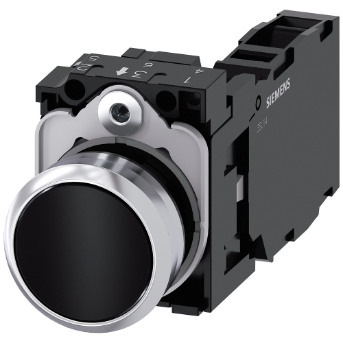 Pushbutton, 22 mm, round, metal, shiny, black, pushbutton, flat, momentary contact type, with holder