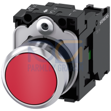 Pushbutton, 22 mm, round, metal, shiny, red, pushbutton, flat, momentary contact type, with holder,