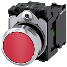 Pushbutton, 22 mm, round, metal, shiny, red, pushbutton, flat, momentary contact type, with holder,